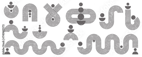 Geometric lines zen patterns. Abstract black arches and shapes. Balance figures with linear outline strokes design. Nordic boho minimal organic drawings and aesthetic retro prints.
