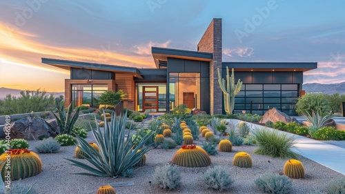Modern Desert Home at Sunset with Cacti Garden photo