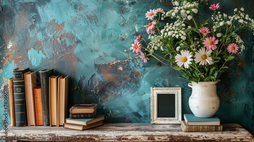 Vintage Books and Flowers on Rustic Background