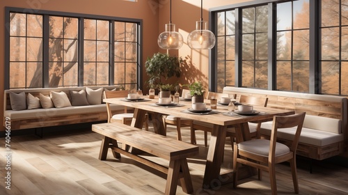A rustic dining room with light apricot upholstered chairs and a deep copper accent wall