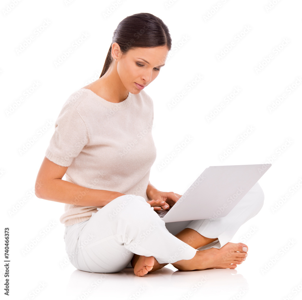 Laptop, research and serious with woman reading in studio isolated on white background for networking. Computer, learning or information with confident young person on floor for internet study Laptop, research and serious with woman reading in studio isolated on white background for networking. Computer, learning or information with confident young person on floor for internet study
