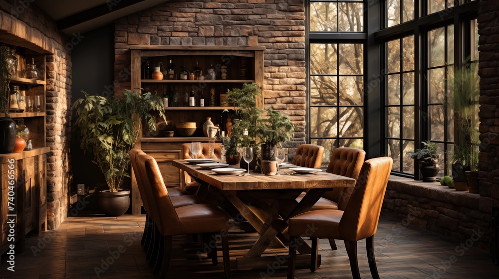 A rustic dining room with soft terracotta upholstered chairs and a dark brick accent wall