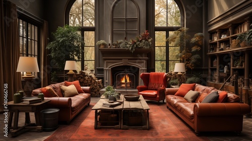 A rustic living room with earthy brown walls and terracotta red furnishings
