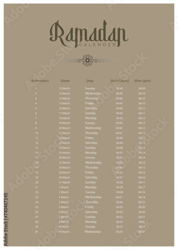 Ramadan Calendar 2024 With Prayer times in Ramadan. Ramadan Schedule vector design