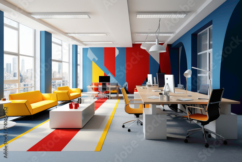 A sleek office design with a predominantly white backdrop, accented by bold, contrasting furniture in vibrant shades of blue, red, and yellow.