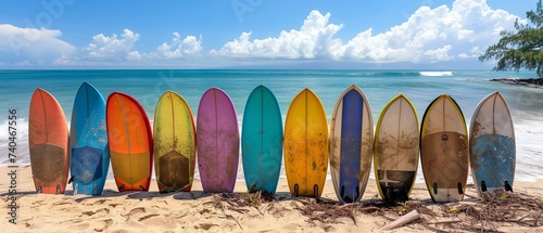 Surfing boards in sea each sand decorated with color combination with a big empty space, Generative AI.