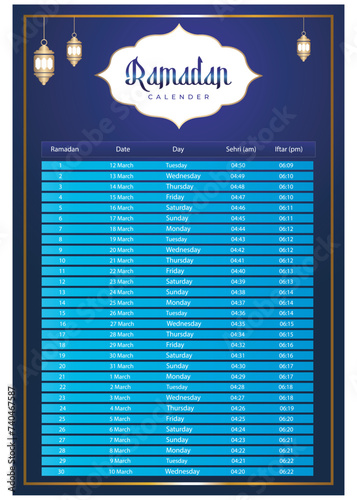 Ramadan Calendar 2024 With Prayer times in Ramadan. Ramadan Schedule vector design