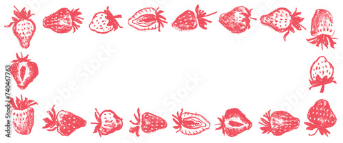 Strawberry banner with berries drawings for juice label, cosmetics packaging design, vegetarian banner poster. Hand drawn vector strawberries border illustration. Red berries framework.
