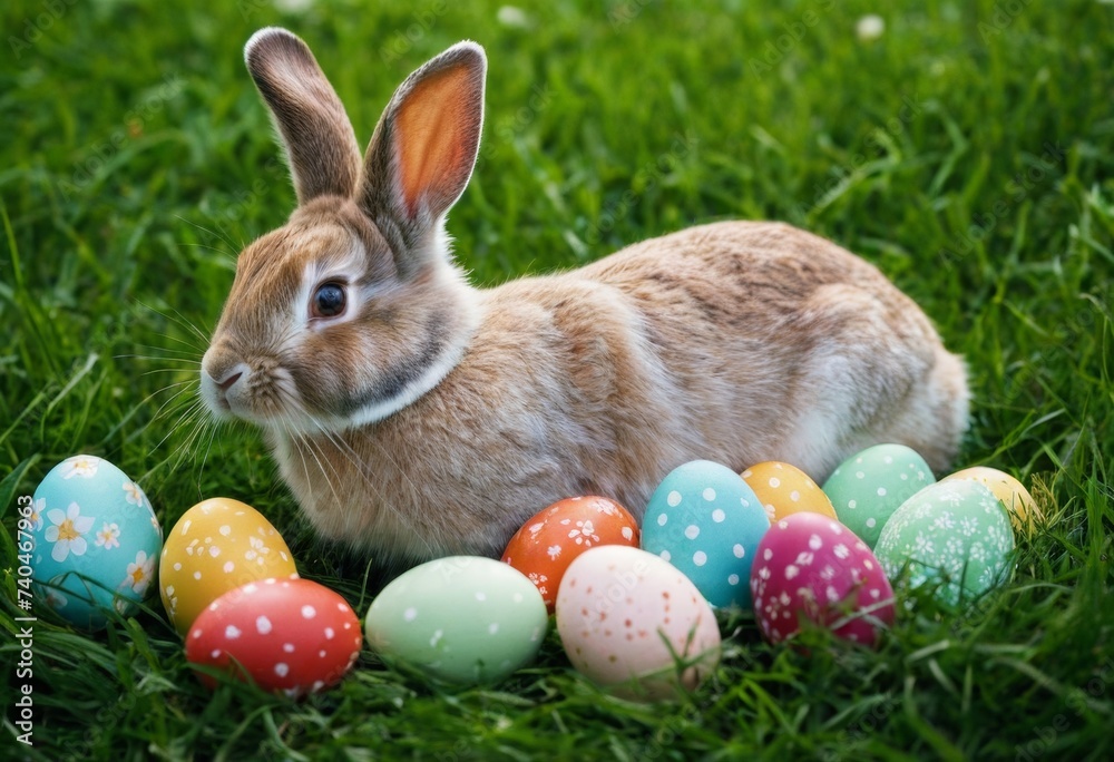 Easter bunny with eggs on green grass on the meadow
