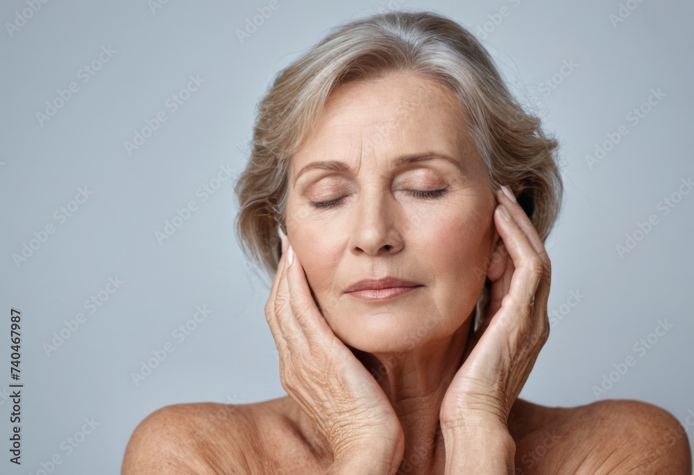 Senior woman is touching her perfect skin on face Senior woman is touching her perfect skin on face