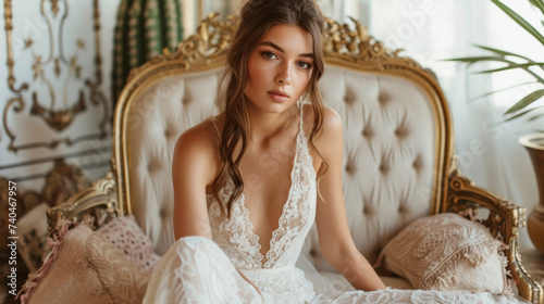 A romantic and ethereal look featuring a flowy white maxi dress with gold accents and a delicate lace overlay. The vintageinspired decor of a baroqueinspired lounge adds to