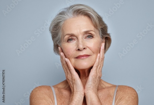 Senior woman is touching her perfect skin on face
