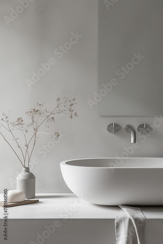 Stylish family bathroom of white scandinavian theme. Granite surround.