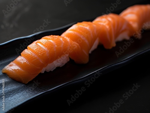 Sushi overhead flat lay panorama. Japanese food. Salmon with rice