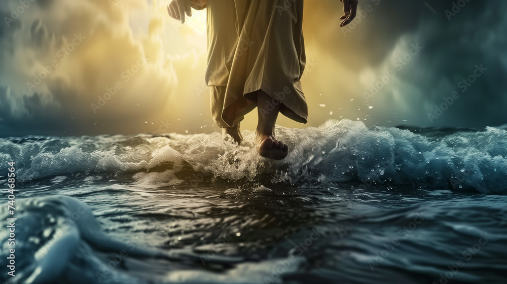 Jesus walks on water during a storm at sea waves ocean miracle  - obrazy, fototapety, plakaty 