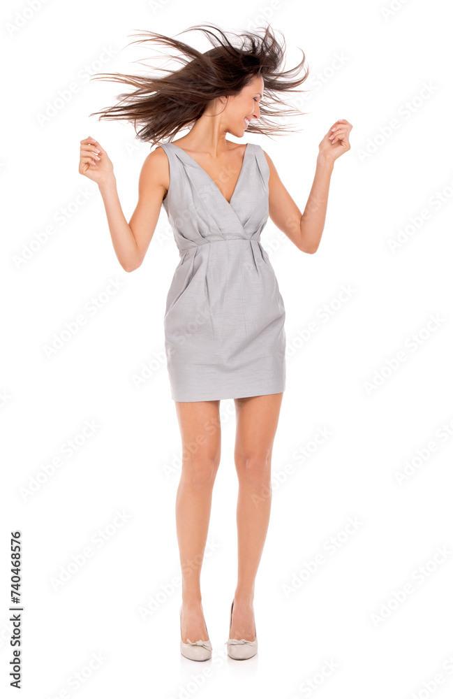 Woman, dancing and crazy with hair flip from music, fashion and work with career celebration in a studio. Happy, smile and party audio with trendy clothes and wild with white background and fun Woman, dancing and crazy with hair flip from music, fashion and work with career celebration in a studio. Happy, smile and party audio with trendy clothes and wild with white background and fun