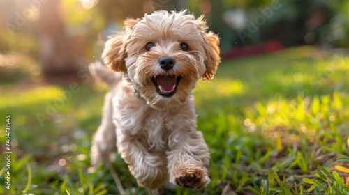 Happy dog running in lawn green.