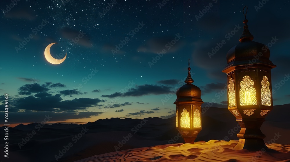 Lanterns Stand in the Desert Under the Night Sky