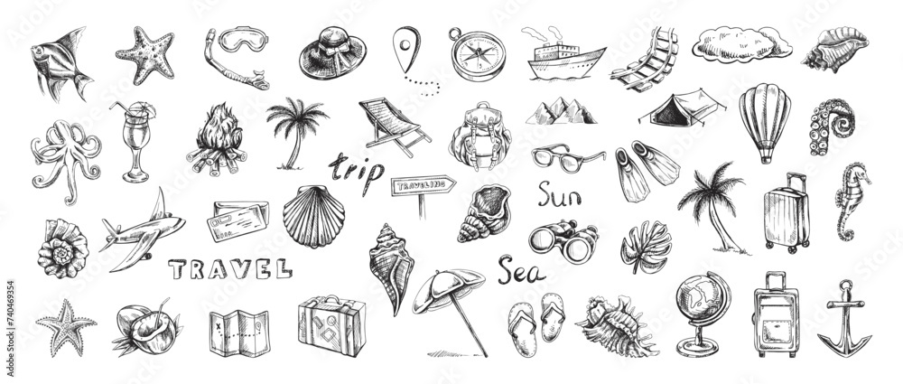 Hand drawn sketch set of travel icons. Tourism and camping adventure icons. Сlipart with travelling elements: bags, transport, camera, map, palm, seashells.. - obrazy, fototapety, plakaty 