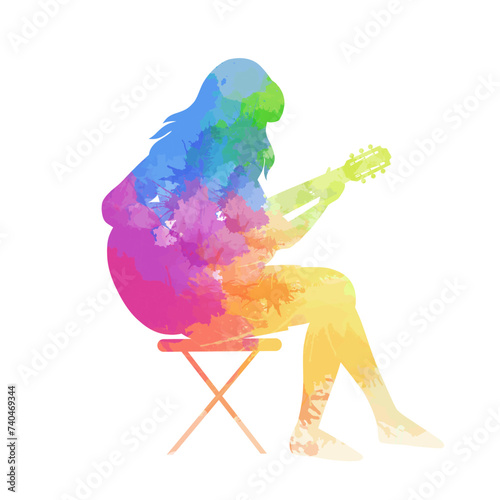 Vector clipart of silhouette of woman playing the guitar with rainbow watercolor splashes isolated from background. Making music.