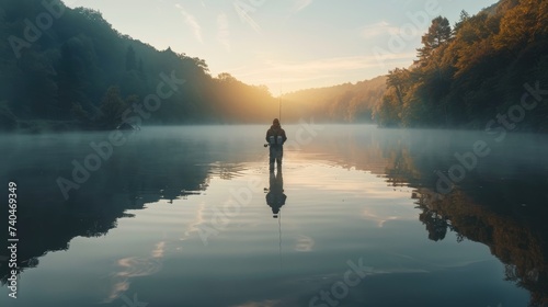 Tranquil lake fishing at dawn, serenity mirrored in the waters glassy surface