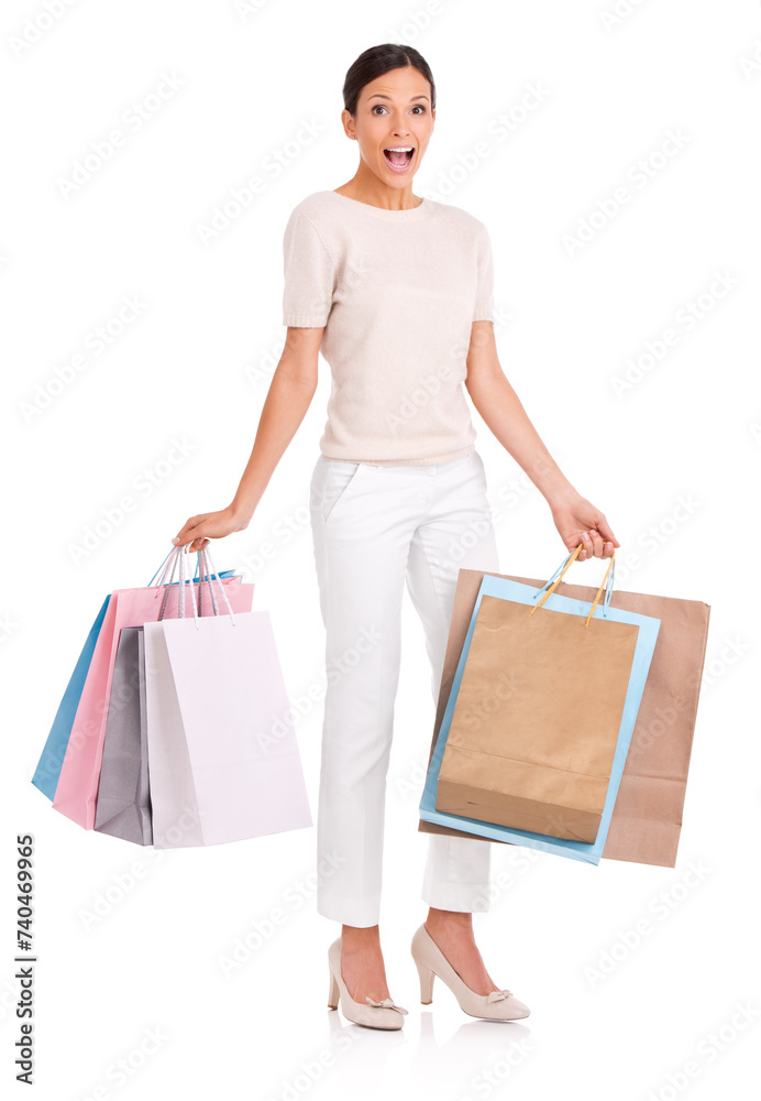 Surprise, shopping and portrait of woman on a white background with bag for sale, discount and deal. Excited, happy customer and isolated person for retail, consumerism and fashion purchase in studio Surprise, shopping and portrait of woman on a white background with bag for sale, discount and deal. Excited, happy customer and isolated person for retail, consumerism and fashion purchase in studio