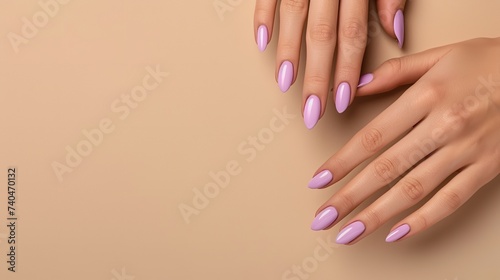 Top view of a hand with purple nail polish in a peach backdrop with a big empty space for text or product  Generative AI.