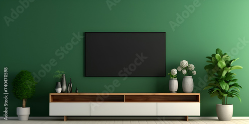 TV on the cabinet in modern living room with plant on white wall background.AI Generative