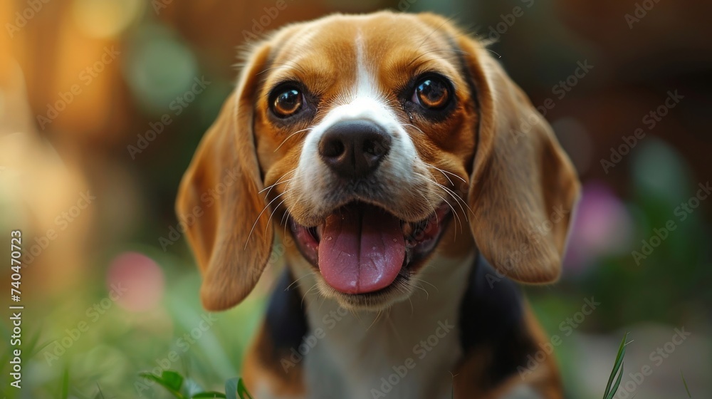 Happy beagle dog looking on green grass background.