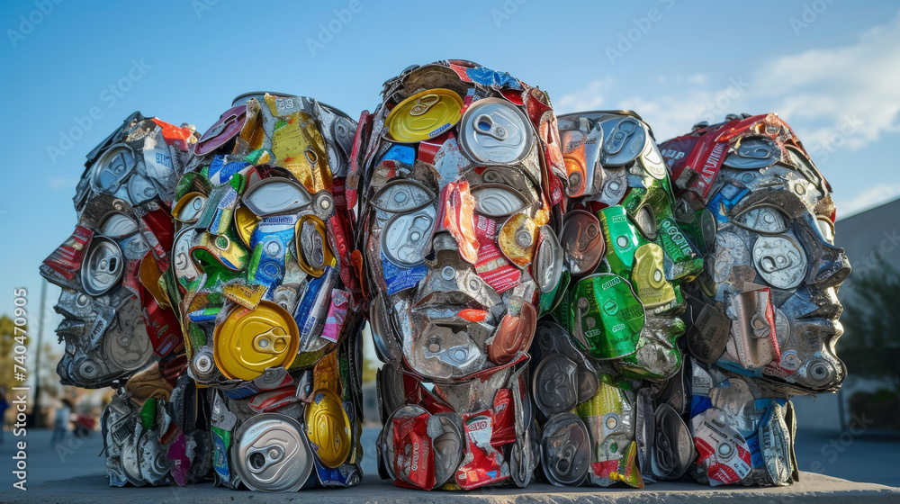 Creative art, heads formed from soda cans