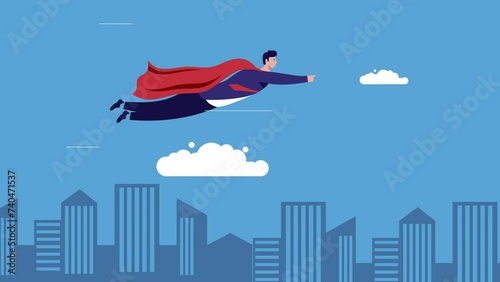 Business man superhero flying trough the city video illustration, super business man animation photo
