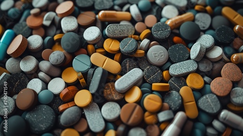 Top view of various tablets and medicines kept on a clean surface a medical type backdrop, Generative AI.
