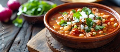 A bowl of soup made with cachupa, a traditional Cape Verdean dish, is placed on a wooden table photo