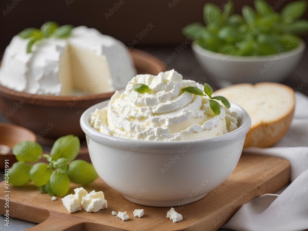 Ricotta, Italian whey cheese made from sheep, cow, goat, or Italian water buffalo milk whey, cinematic photography