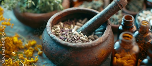 A circle of metal holds a mortar and pestle filled with herbs and spices, displayed on a table
