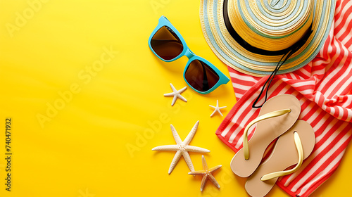 Beach accessories - sunglasses, flip flops, towel, hat - yellow background.