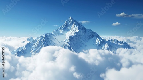 Huge Snowy Mountain Peak Above the Clouds with Blue Sky. Landscape, Snow, Target, Goal, Ice 