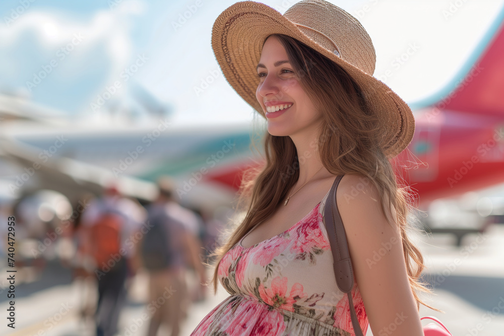 A pregnant woman wearing a hat is standing confidently in front of an airplane, looking towards the camera. The airplane is parked on the runway