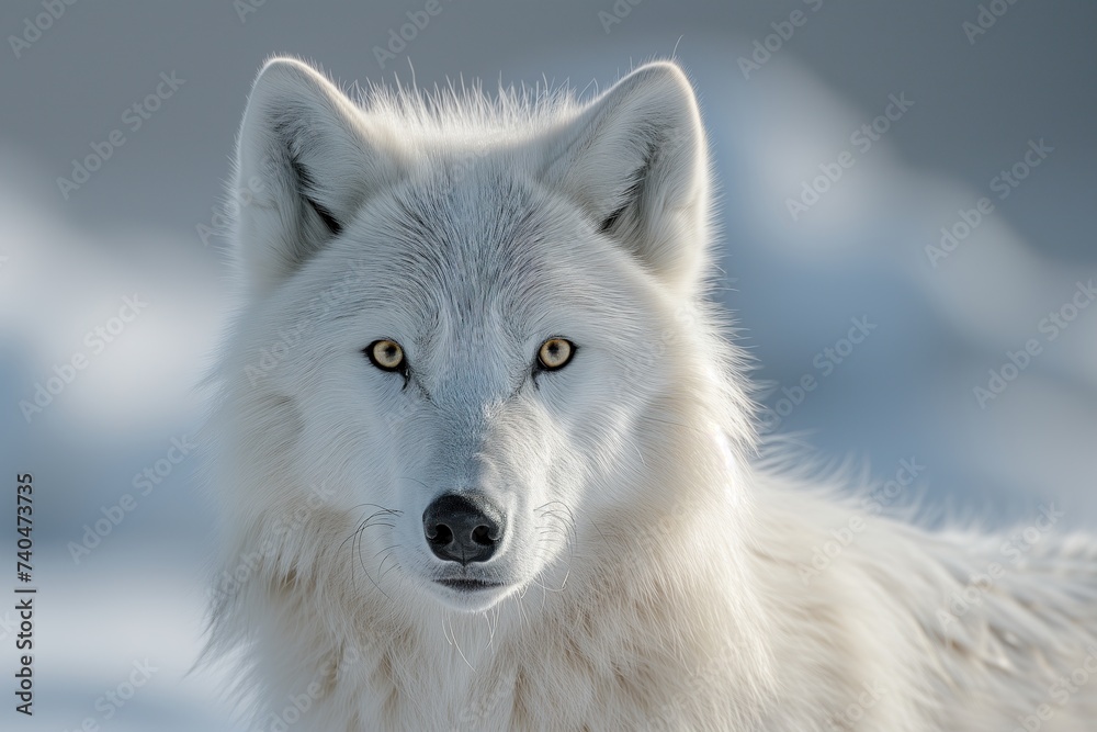 Portrait of a white polar wolf, northern predatory animal outdoors looking at camera Portrait of a white polar wolf, northern predatory animal outdoors looking at camera