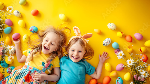 Two happy children and colorful easter eggs in easter festival