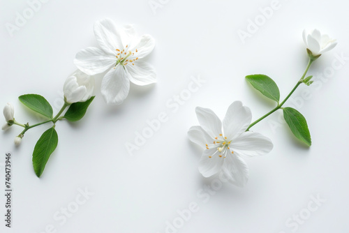 Top view white flowers on white background, Flat lay minimal