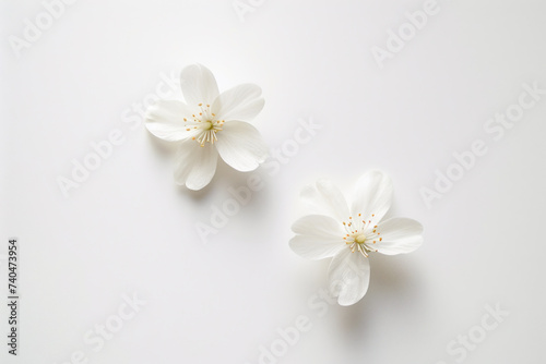 Top view white flowers on white background, Flat lay minimal