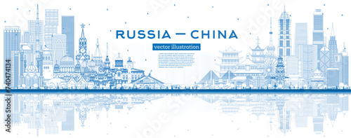 Outline Russia and China skyline with blue buildings and reflections. Famous landmarks. China and Russia concept. Diplomatic relations between countries. photo
