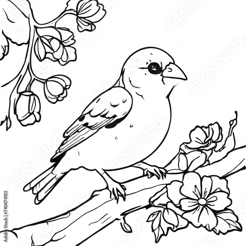 Goldfinch sitting on a branch with flower buds and trees coloring book