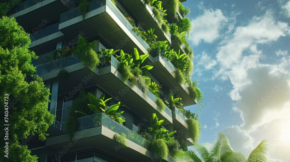 Modern and eco-friendly skyscrapers with many trees on each balcony. Modern architecture, vertical gardens, terraces with plants Modern and eco-friendly skyscrapers with many trees on each balcony. Modern architecture, vertical gardens, terraces with plants