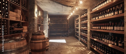 Wine bottles in the storage cellar in a wooden room with wooden surface and empty space, Generative AI. photo