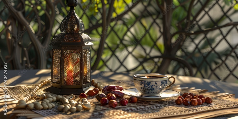 Traditional lantern, fruit dates, rosary beads and cup of Arabic coffee on small straw mat with arabesque shadow effect - generative ai