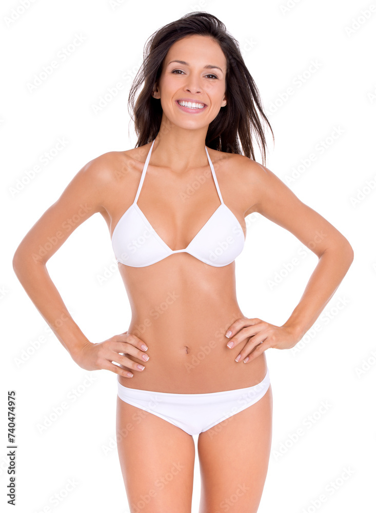 Sexy, woman and confident portrait in bikini on studio, white background and mock up with fashion. Swimwear, model and girl in underwear with beauty for vacation or style for holiday with happiness Sexy, woman and confident portrait in bikini on studio, white background and mock up with fashion. Swimwear, model and girl in underwear with beauty for vacation or style for holiday with happiness