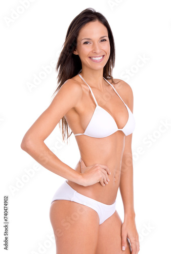 Confident, model and portrait in bikini for fashion on studio, white background and mock up. Swimwear, woman and girl in underwear with beauty for vacation or style for holiday with happiness