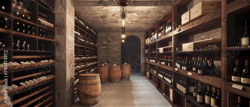 Wine bottles in the storage cellar in a wooden room with wooden surface and empty space, Generative AI. photo